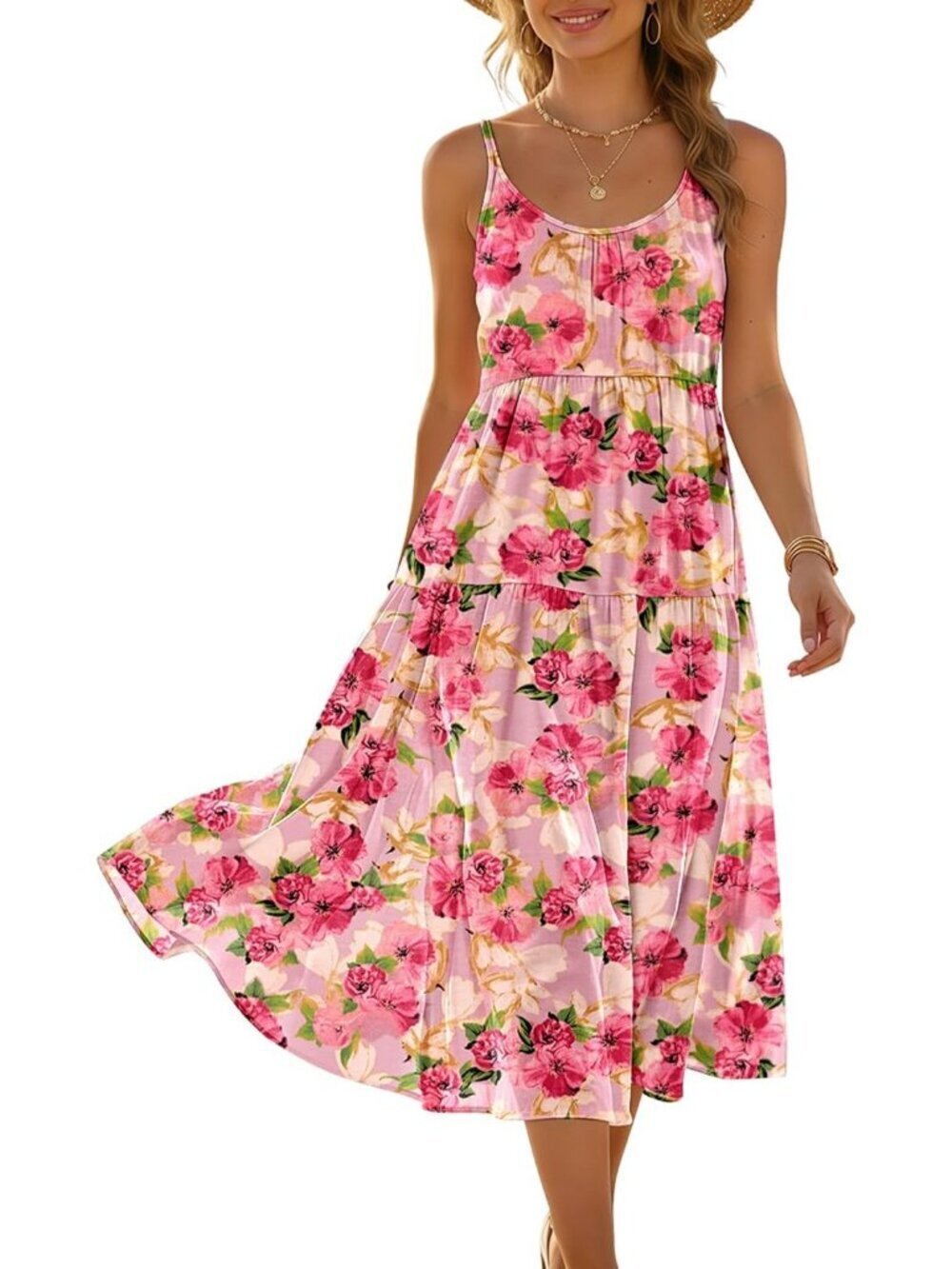 Women's Floral Pink Stylish Spaghetti Strap Sundress Boho Casual Flow Midi Dress